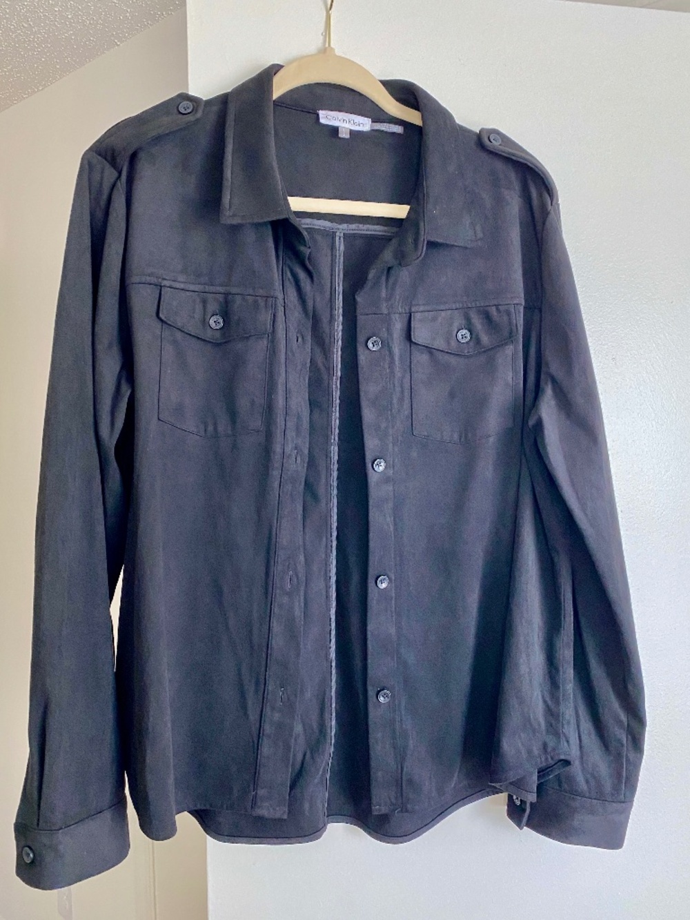 Calvin Klein Women’s Shirt Jacket Black Faux Suede-Like Stretch Button Front L
